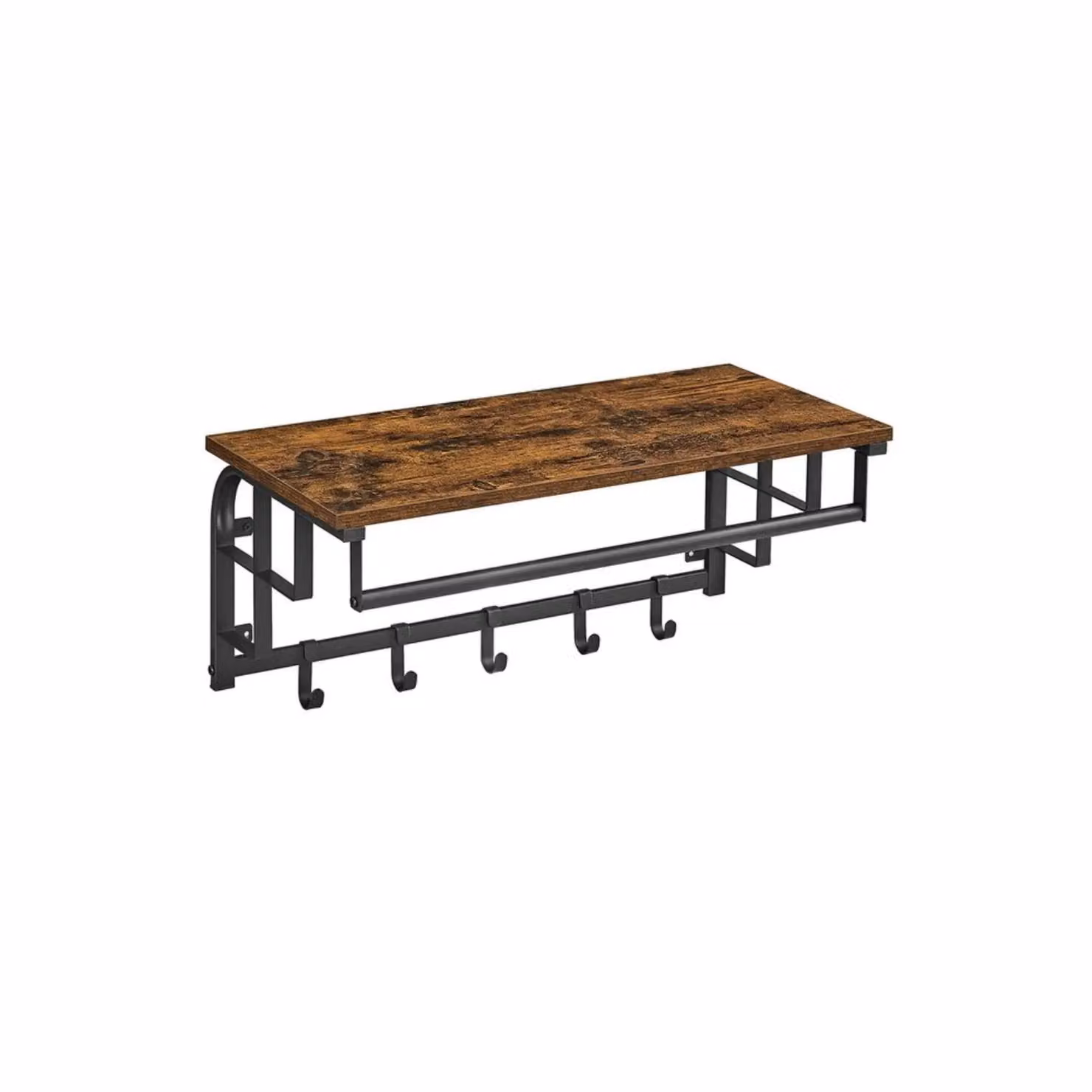 Rafaelo Mobilia Industrial Wall Mounted Floating Shelf with Hanging Rail and Hooks in Brown and Black, W: 66 cm, H: 30 cm, D: 15 cm – 2