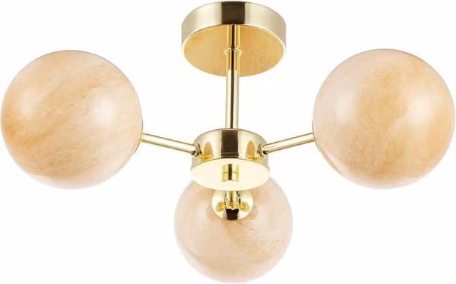 Happy Homewares Designer Ceiling Light Fitting with Gold/Brass Metal and Beige Marble Glass Spherical Shades – 1