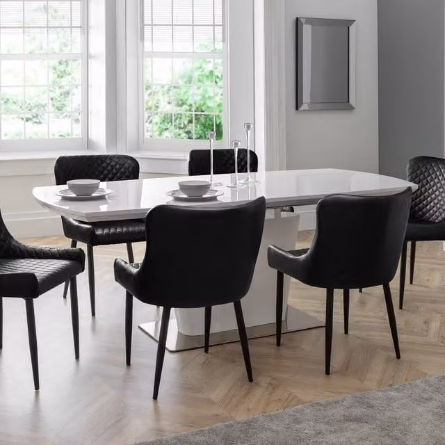 Julian Bowen Como White High Gloss Extendable Dining Table and 6 Black Luxe Chairs Set