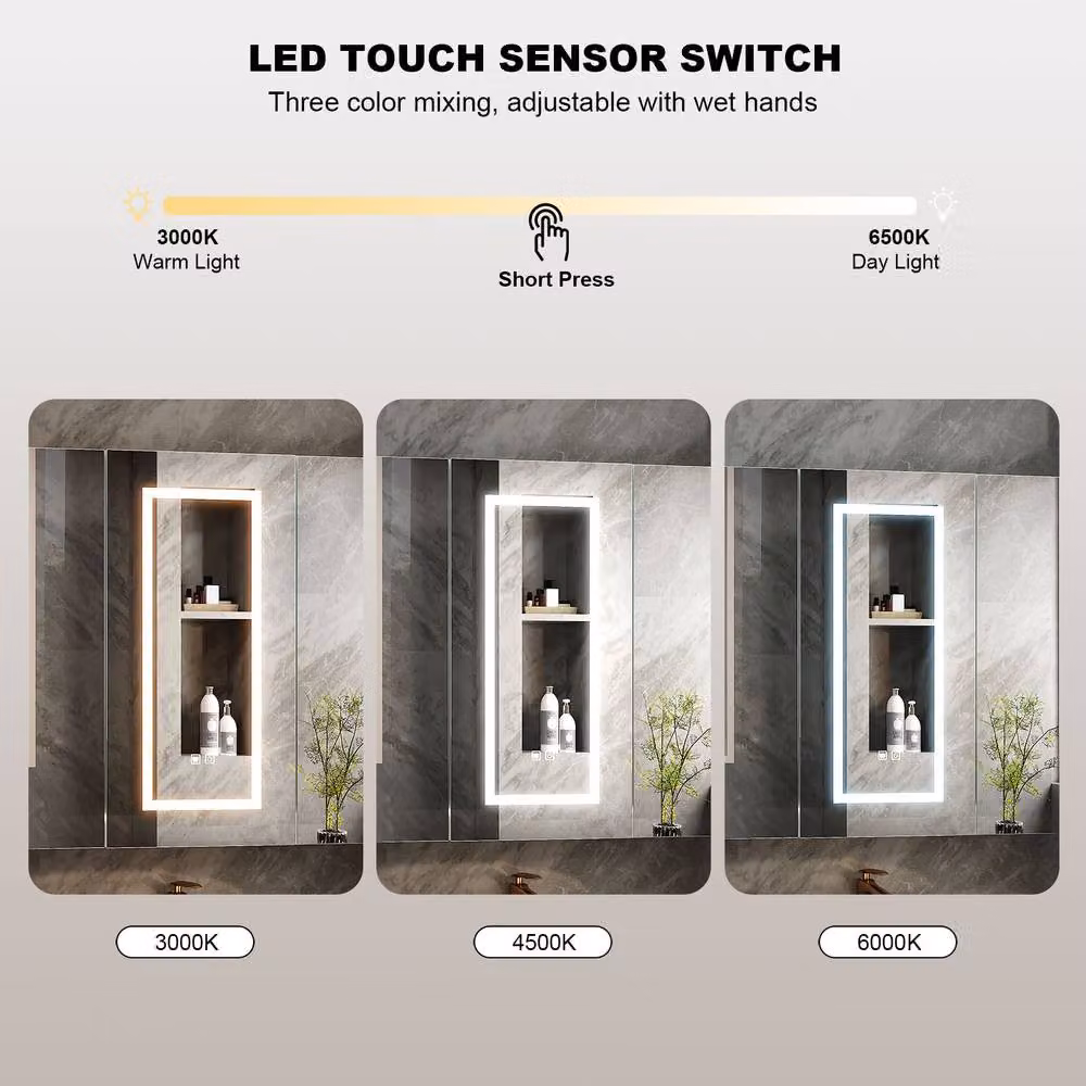 KEEPREAPER White LED Bathroom Mirror Cabinet with 3 Hinged Doors, Anti-Fog Defogger and Sensor Switch, W/H: 80 x 80 cm – 3