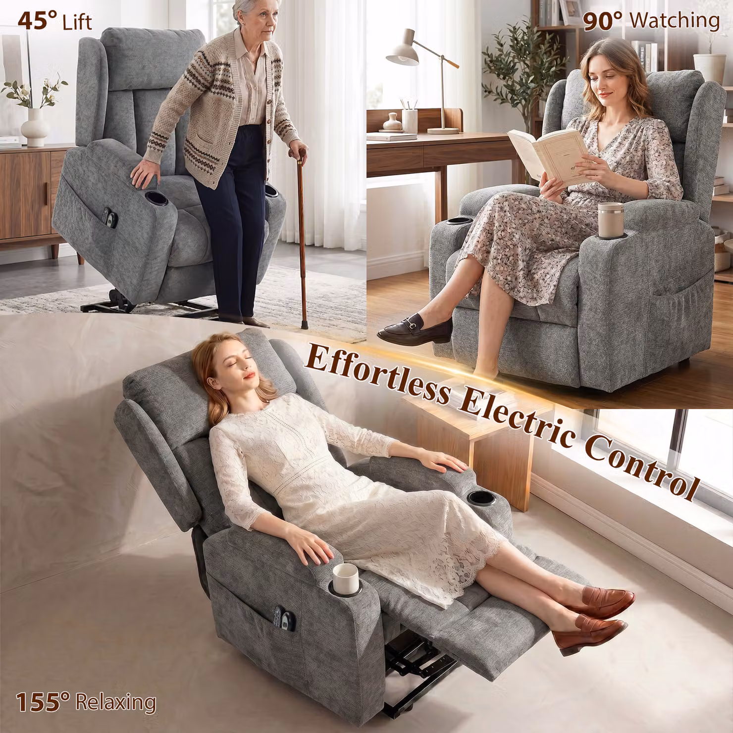 HOMCOM Grey Chenille Power Lift Recliner Chair with Vibration Massage and Heat for Seniors – 6