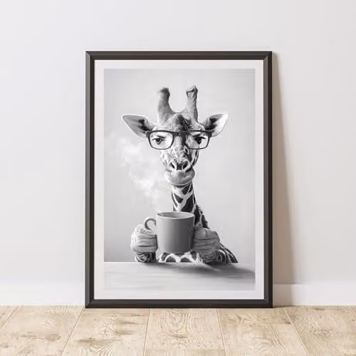 60 Second Makeover Funny Giraffe Drinking Coffee Illustration Paper Poster, A4, Multicolour