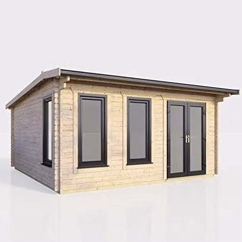 Powersheds Premium Apex Log Cabin in Anthracite with Double Doors, EPDM Rubber Roofing and Toughened Glass Windows (Right Orientation Door) – 1