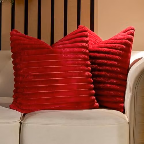 OHS Pack of 2 Ribbed Faux Fur Cushion Covers, Red, W/D/H: 45 x 45 x 45 cm – 1