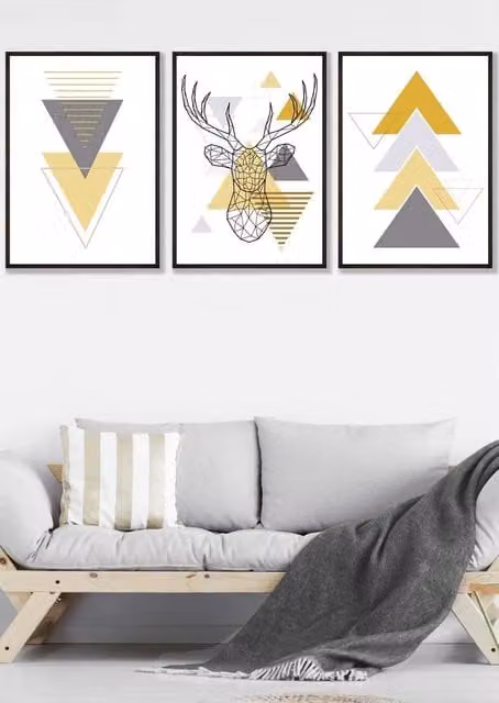 ARTZE Geometric Line Art Yellow Stag Head Framed Wall Art in Black, Yellow and Grey, W: 53 cm, H: 73 cm, D: 2 cm