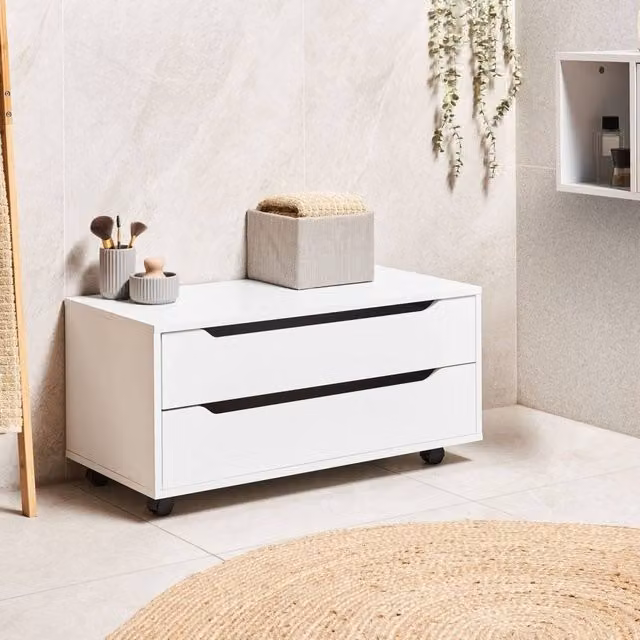 Wyld and Coco White MDP Bathroom Cabinet with 2 Drawers and Wheels, W: 80 cm, D: 39 cm, H: 39 cm