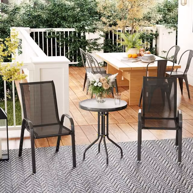 Outsunny Modern Garden Bistro Set with Round Glass Table and Stackable Chairs in Black