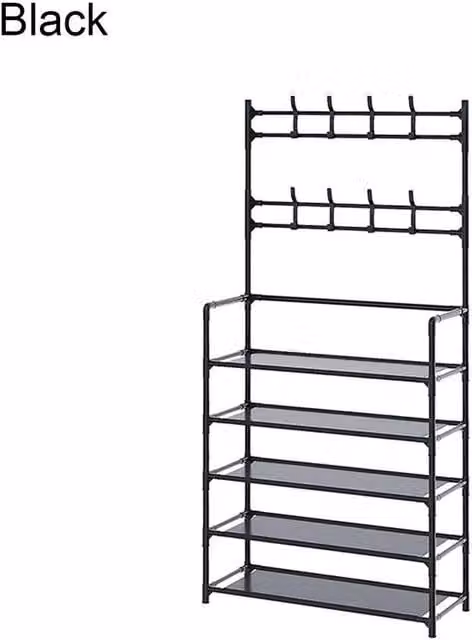 Kelvenix Black Metal 5-Tier Coat and Hat Stand with 8 Hooks and Shoe Rack, H 168 cm x W 60 cm x D 40 cm