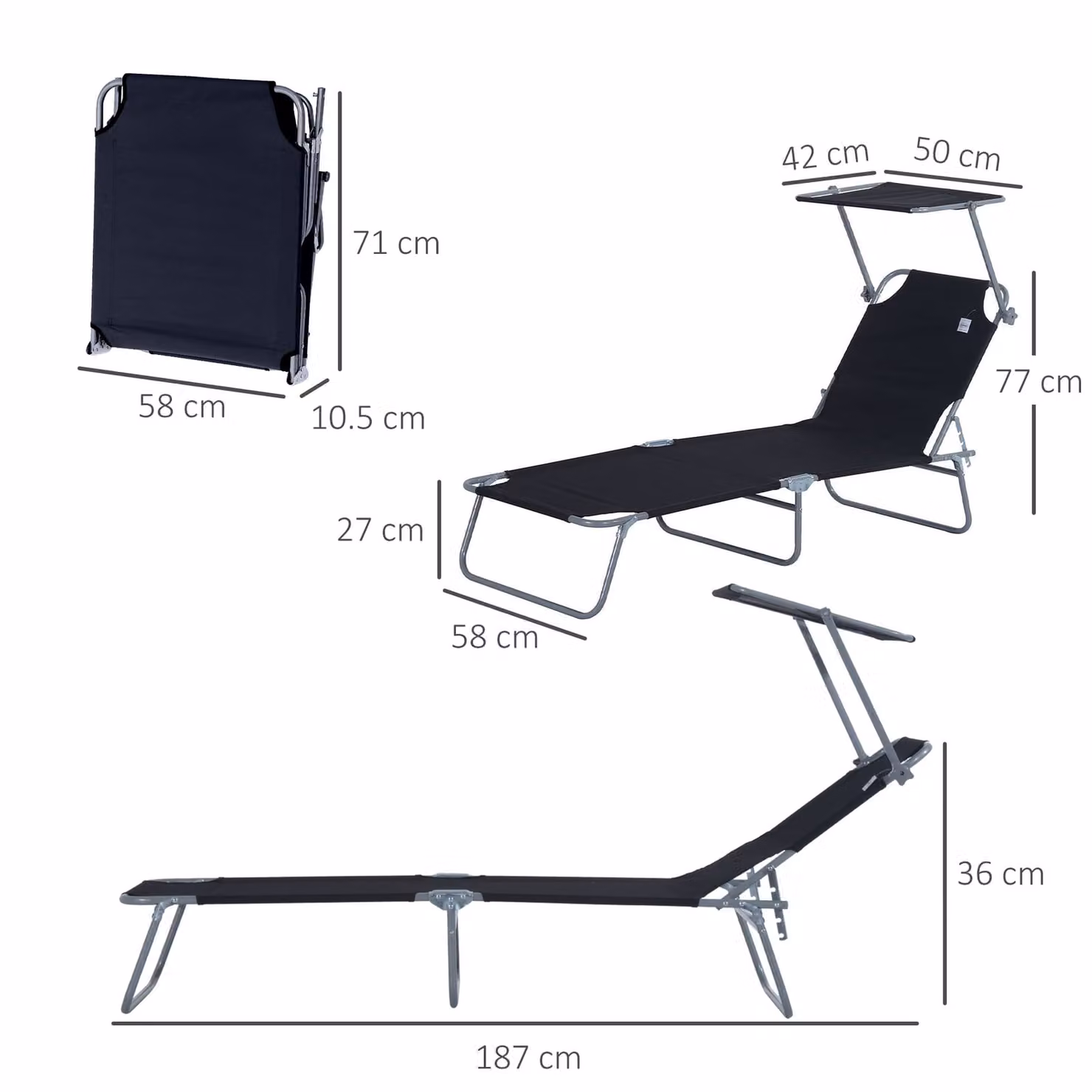 Outsunny Black Reclining Sun Lounger with Sun Canopy and Adjustable Headrest, W/D/H: 120 x 58 x 36 cm – 3