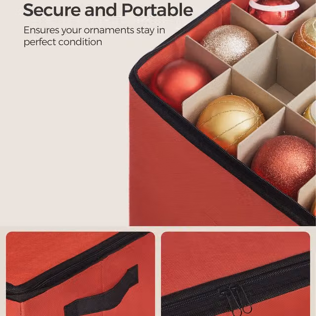 SONGMICS Christmas Decoration Storage Box with Lid and Label Holder, 64-Slot Fabric Organiser, Green and Red