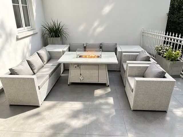 Fimous Light Grey Polyrattan Garden Furniture Set with Gas Fire Pit, U-Shape Lounge Sofa, 3-Seater Outdoor Sofa and 2 Side Coffee Tables