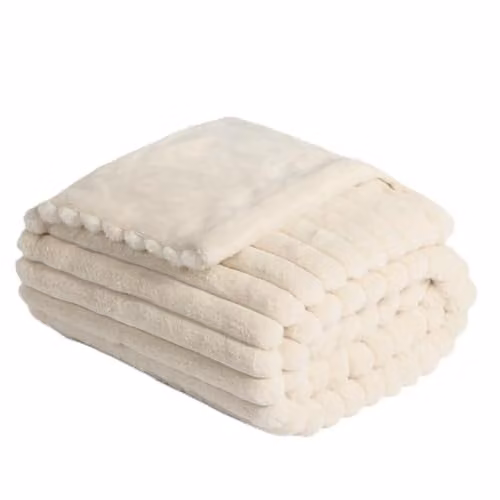 OHS Faux Fur Ribbed Fleece Throw Blanket in Beige and White, W/D/H: 200 x 240 cm – 1