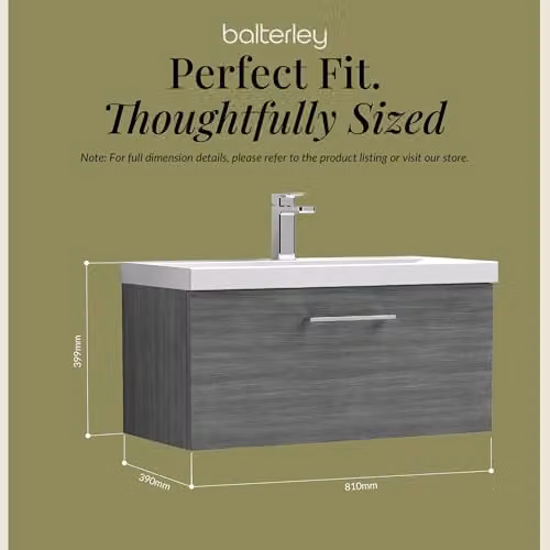 Balterley Wall Hung Single Drawer Vanity Unit with Mid Edge Sink and Handle in Woodgrain Anthracite, W: 81.0 cm, D: 39.0 cm, H: 39.9 cm – 2