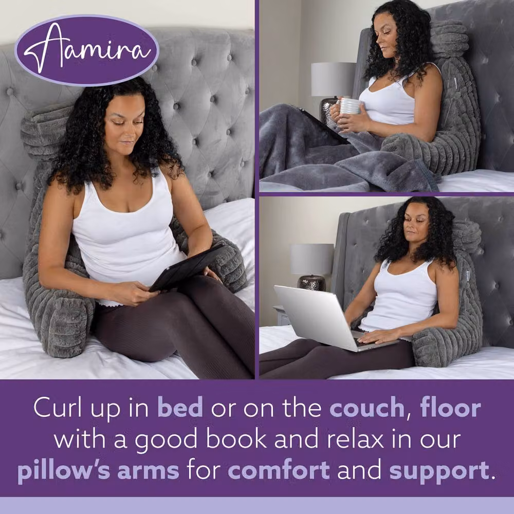 Aamira Grey Faux Fur Ribbed Memory Foam Reading Pillow Wedge Support Cushion W/D/H: 50 x 50 x 66 cm – 3
