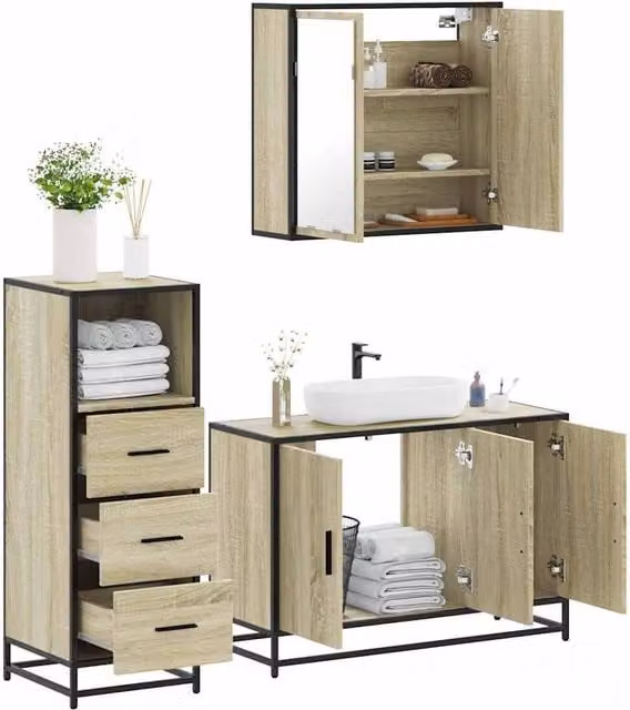Berkfield Home 3 Piece Industrial Bathroom Furniture Set in Sonoma Oak Brown, including Vanity Unit, Mirror Cabinet and Wall Cabinet – 1