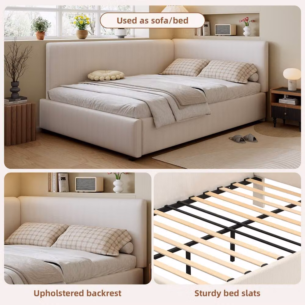 BTM Double Upholstered Bed with Twin Headboards and Side Rails, Beige, W/D/H: 140 x 200 cm – 3