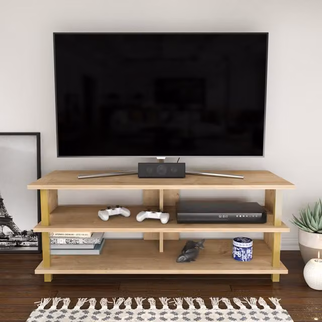Decorotika Pueblo Modern TV Unit with Shelves in Gold and Oak, W: 120 cm, D: 45 cm, H: 47 cm