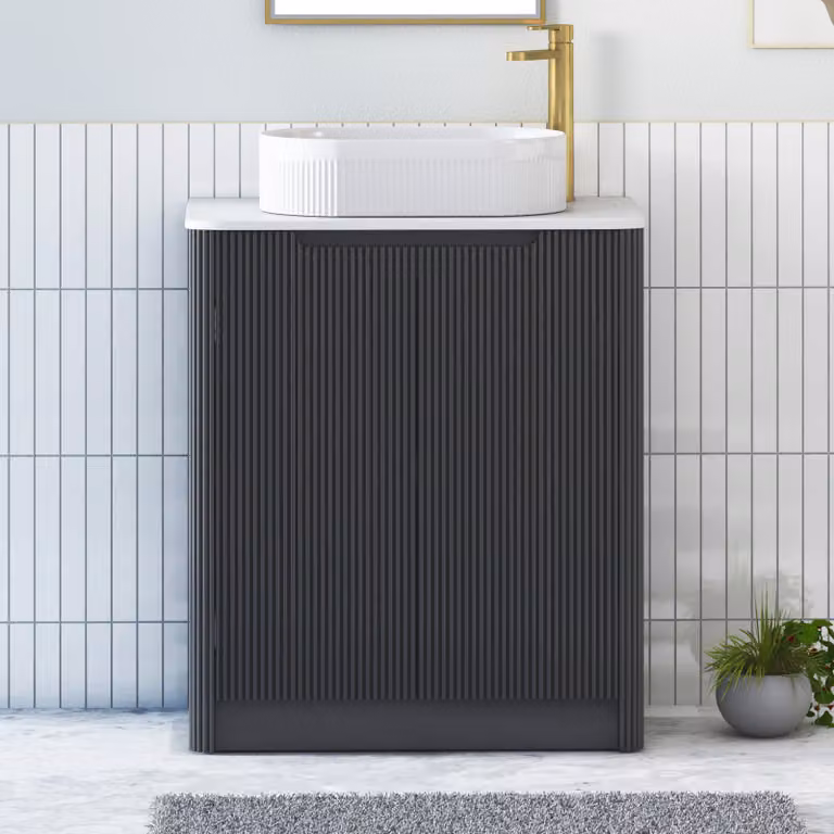 Royal Bathrooms Avenza 600mm Matt Obsidian Black Floor Standing 2 Door Vanity Unit with Plain White Worktop and Lyon Basin