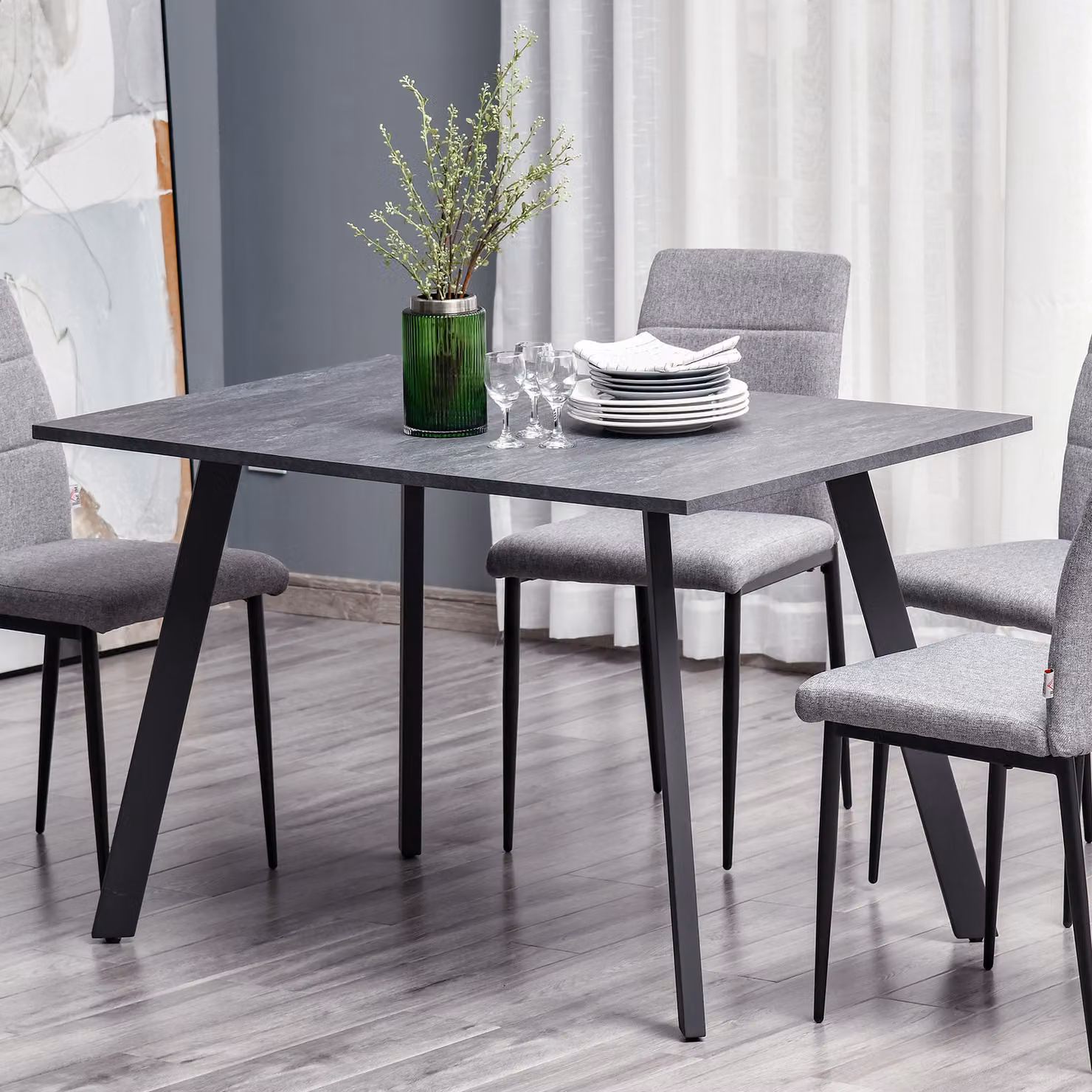 HOMCOM Modern Rectangular Dining Table with Metal Legs in Dark Grey – 2