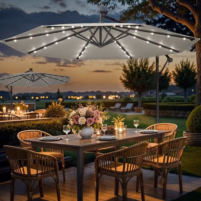 SONGMICS Solar LED Cantilever Garden Parasol in White and Grey with Polyester Canopy