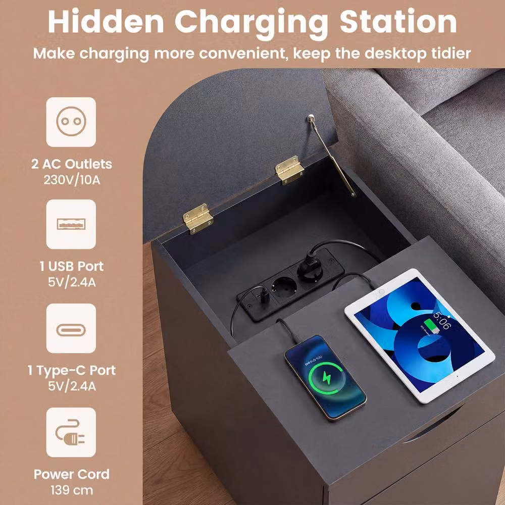 Costway Black End Table with Charging Station and Drawer – 8