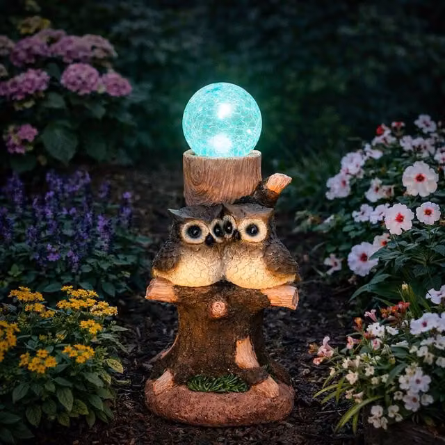 Gardenwize Solar Owl Crackle Ball Light with Colour Changing LED in Brown and Multicolour