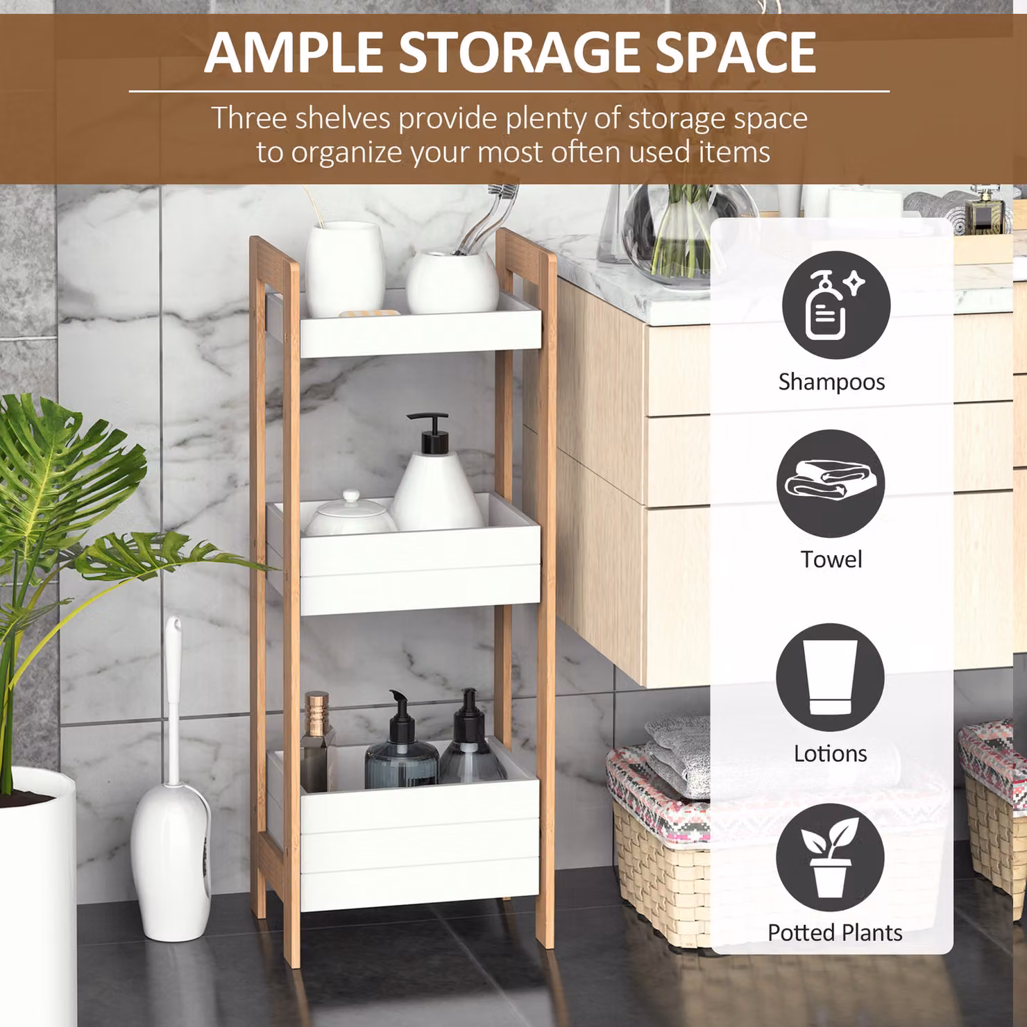 HOMCOM Bamboo Tiered Bathroom Caddy and Freestanding Organiser in Brown and White – 4