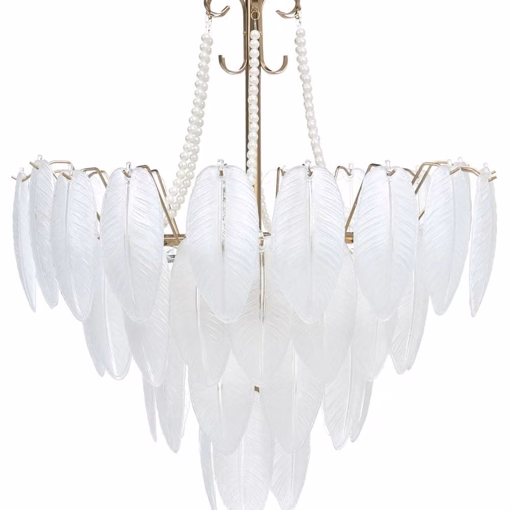 Wyld and Coco Brass Chandelier Pendant with Frosted Glass Leaves and Pearl Beading in Bronze and Gold, Diameter: 60 cm – 2