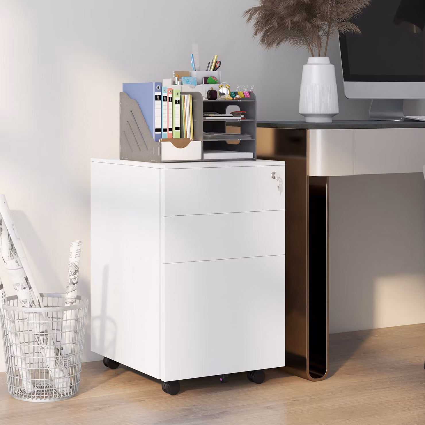 Vinsetto White Metal 3-Drawer Mobile Filing Cabinet with Lock and Pencil Tray – 2