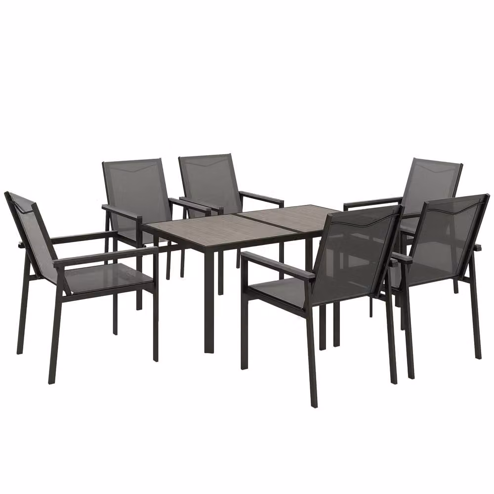 OUTSUNNY 7 Piece Modern Grey Garden Dining Set with Rectangular Glass Top Table and 6 Armchairs – 2