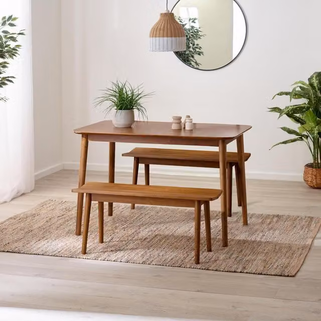 FurnitureboxUK Lynton Mid-Century Wooden Dining Table and 2 Benches Set, Walnut Brown