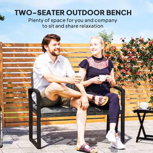 Outsunny 2 Seater Rattan Garden Bench with Cushion and Metal Frame, Grey – 3