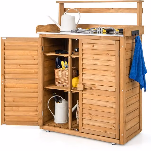 COSTWAY Freestanding Outdoor Storage Cabinet with Hinged Doors and Internal Shelves in Brown Rustic Wood and Galvanised Steel