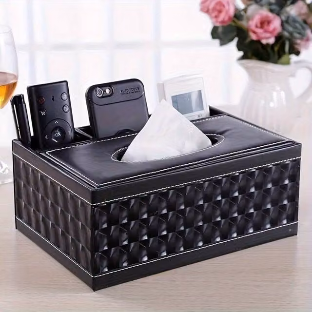 Smartbies Leather Multifunctional Tissue Box Organizer in Black, W: 16.5 cm, D: 9.5 cm, H: 16.5 cm