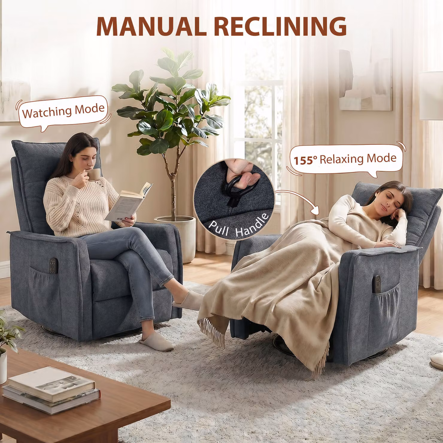 HOMCOM Dark Grey Chenille Recliner Armchair with Massage, Heat and 360 Degree Swivel Rocking Function – 5