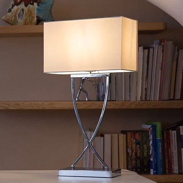 Wyld and Coco Chrome Helix Table Lamp with White Rectangular Fabric Shade, Height: 62 cm – 1