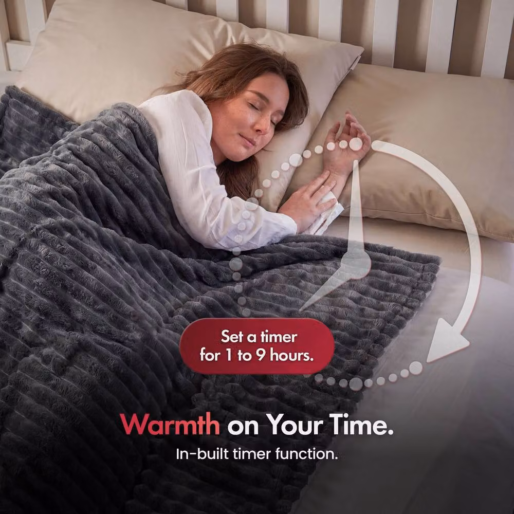 VonHaus Faux Fur Heated Throw Blanket in Dark Grey with Overheat Protection and Auto Shut-off – 4