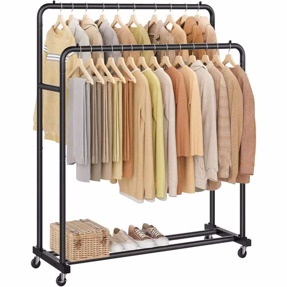 The Bazaarist Double Rail Metal Garment Rack with Lockable Wheels in Matt Black – 2