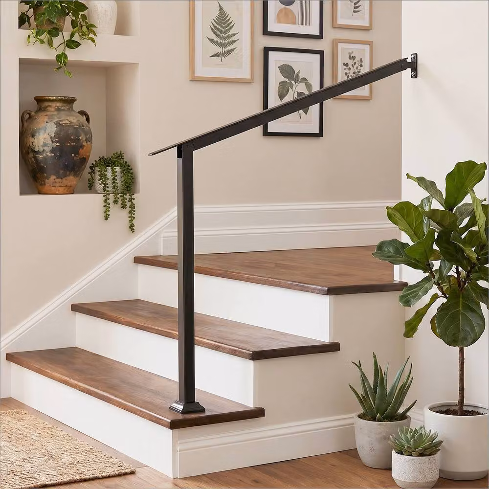 Gymax Adjustable 2-Step Wall Mounted Outdoor Stair Handrail in Black Galvanised Steel – 3