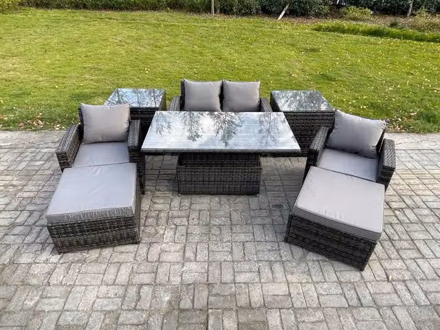 Fimous High Back Rattan Garden Furniture Set in Dark Grey with Height Adjustable Lifting Table, 2 Side Tables and 2 Large Footstools