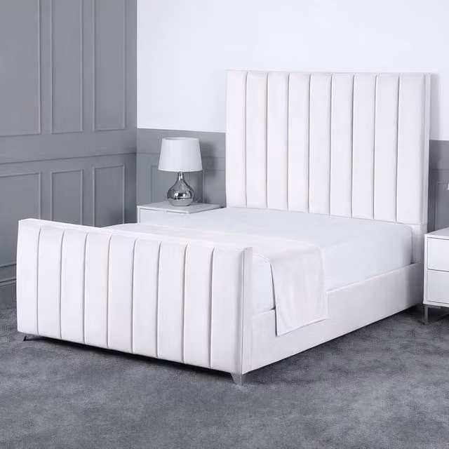 Living Comfort Bedz Empress White Velvet Upholstered Gas Lift Storage Bed with 48 Inch Headboard, Super King, 200 x 200 cm