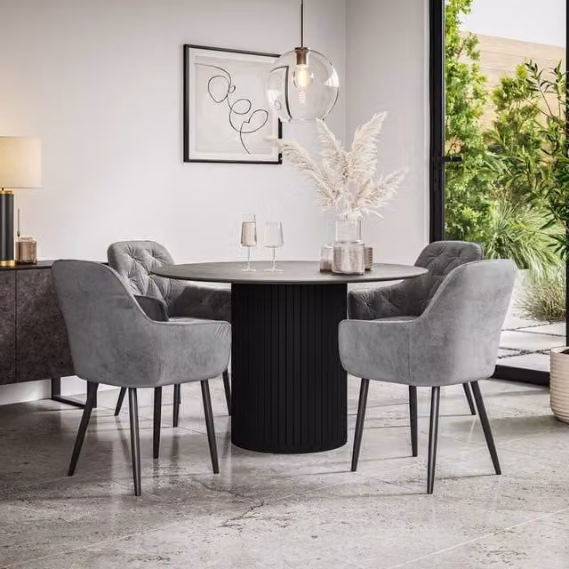 More4Homes Arlo Round Concrete Dining Table with Black Legs and 4 Anika Grey Velvet Dining Chairs Set