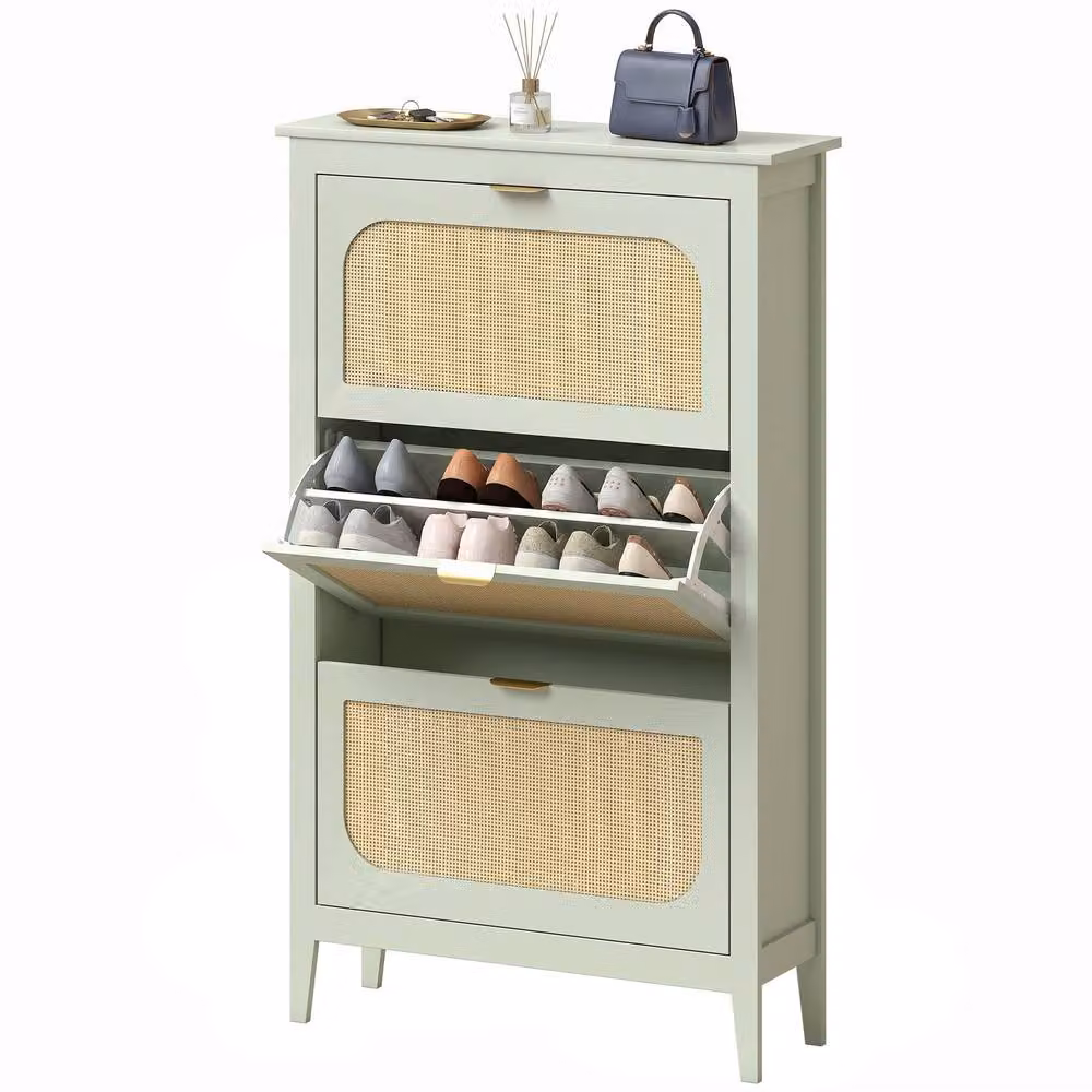STILVORA Scandinavian Style Shoe Cabinet with 3 Rattan Detail Tilting Compartments in Matt Green – 2