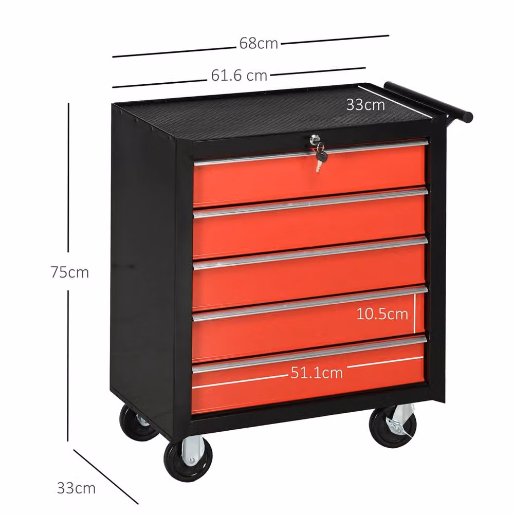 Kelvenix Red and Black Steel 5-Drawer Lockable Tool Storage Cabinet with Wheels, Width: 100 cm – 2