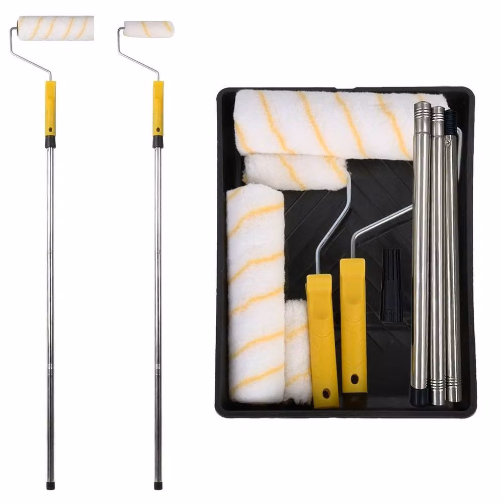 VOGREX Heavy Duty 9 inch Paint Roller Tray Set with Telescopic Extension Pole and Frame in Yellow – 4