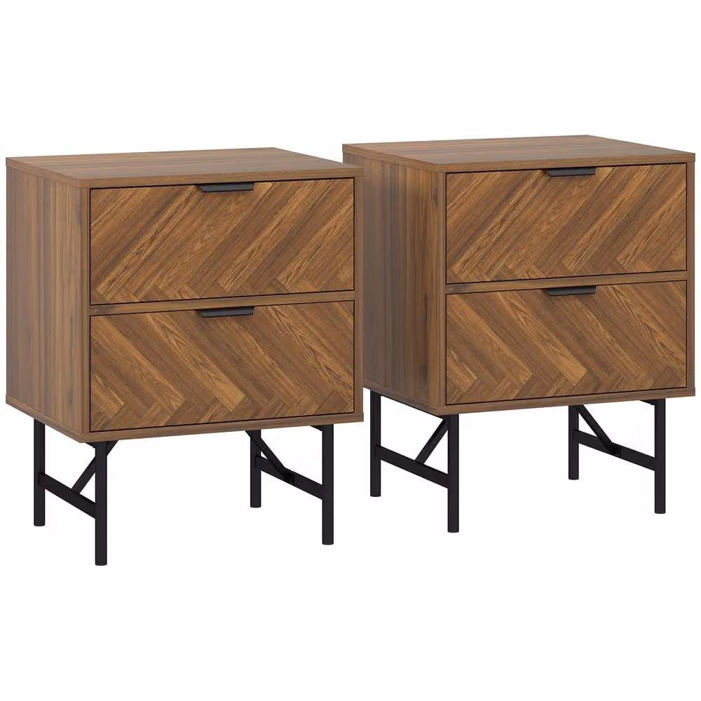 HOMCOM Set of 2 Walnut Bedside Tables with Metal Legs – 2