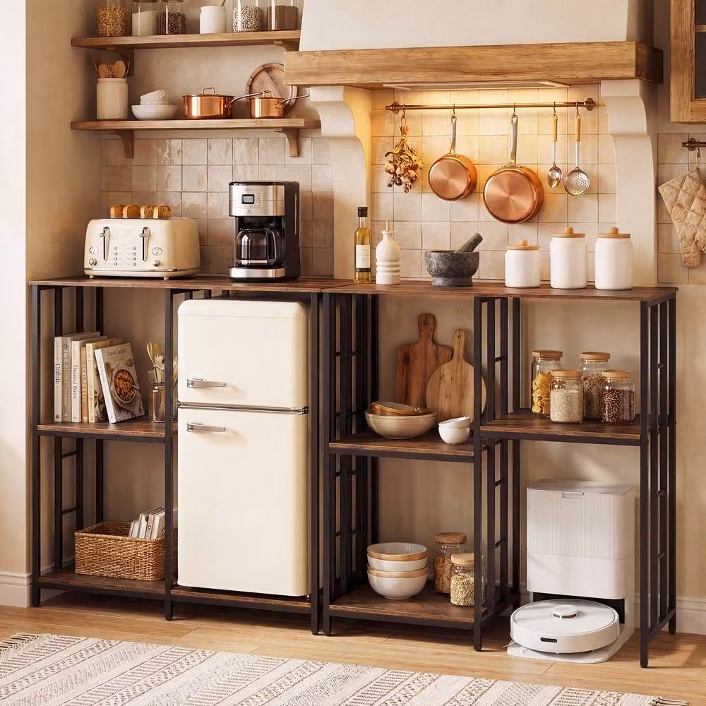Costway Kitchen Baker's Rack and Mini Fridge Stand with 4 Shelves in Brown – 3