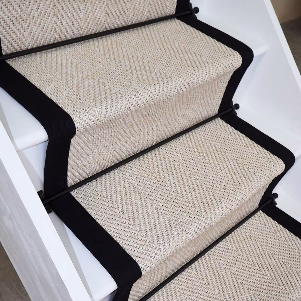 RainbowHome New England Ivory Herringbone Stair Runner with Black Cotton Border, W: 60 cm, L: 700 cm – 2