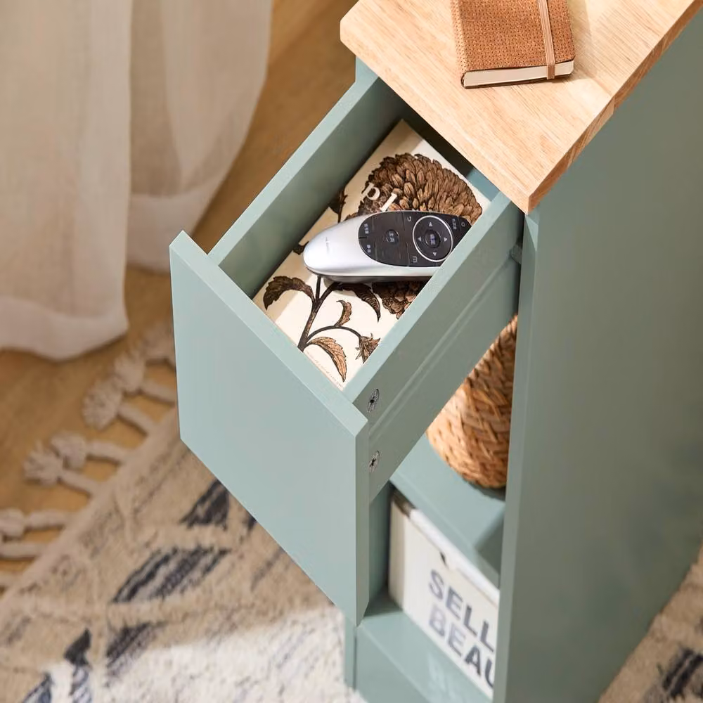 SoBuy Modern Slim Bedside Table in Green with Side Compartments and Drawer – 4