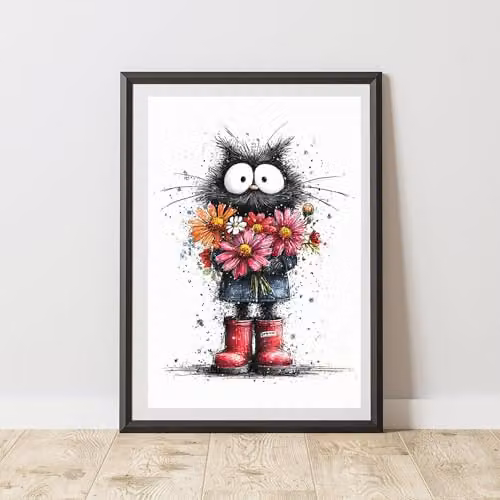 60 Second Makeover Black Cat and Floral Print Paper Poster, Multicolour, A3